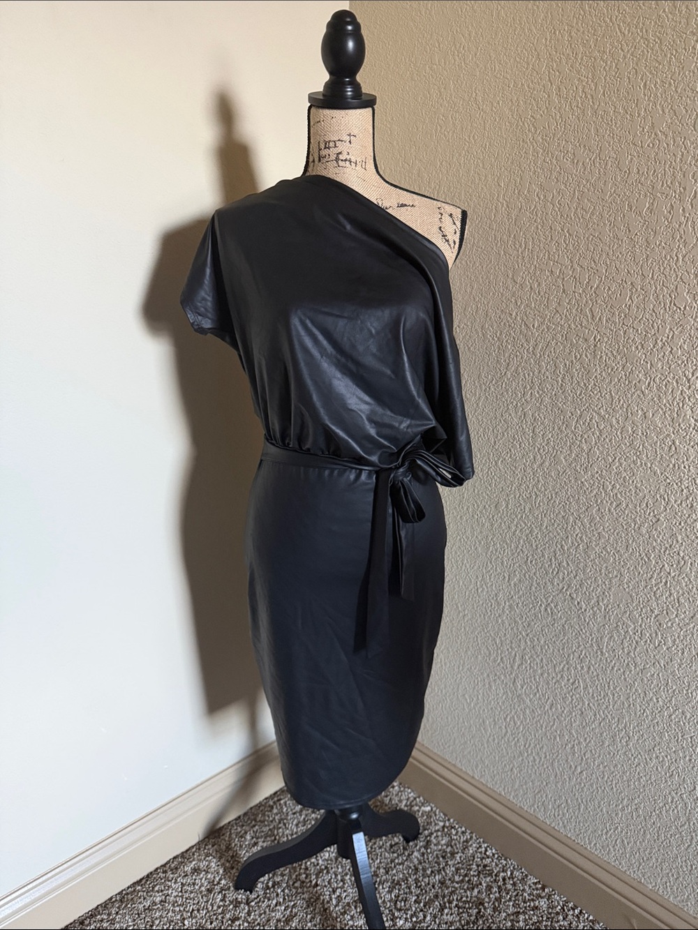 One-Shoulder Black Faux-Leather Midi Dress with Waist Tie